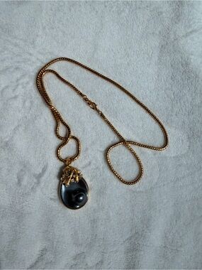 Vintage Signed Ivana Trump Grey Marbled Enamel Rhinestone Pendant Necklace